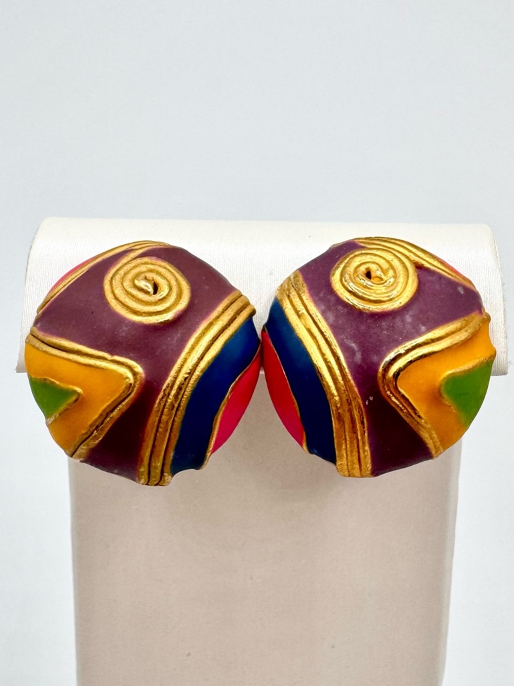 Vintage Don-Lin Colorful Abstract Enamel Dome Button Earrings Artsy 80s Signed